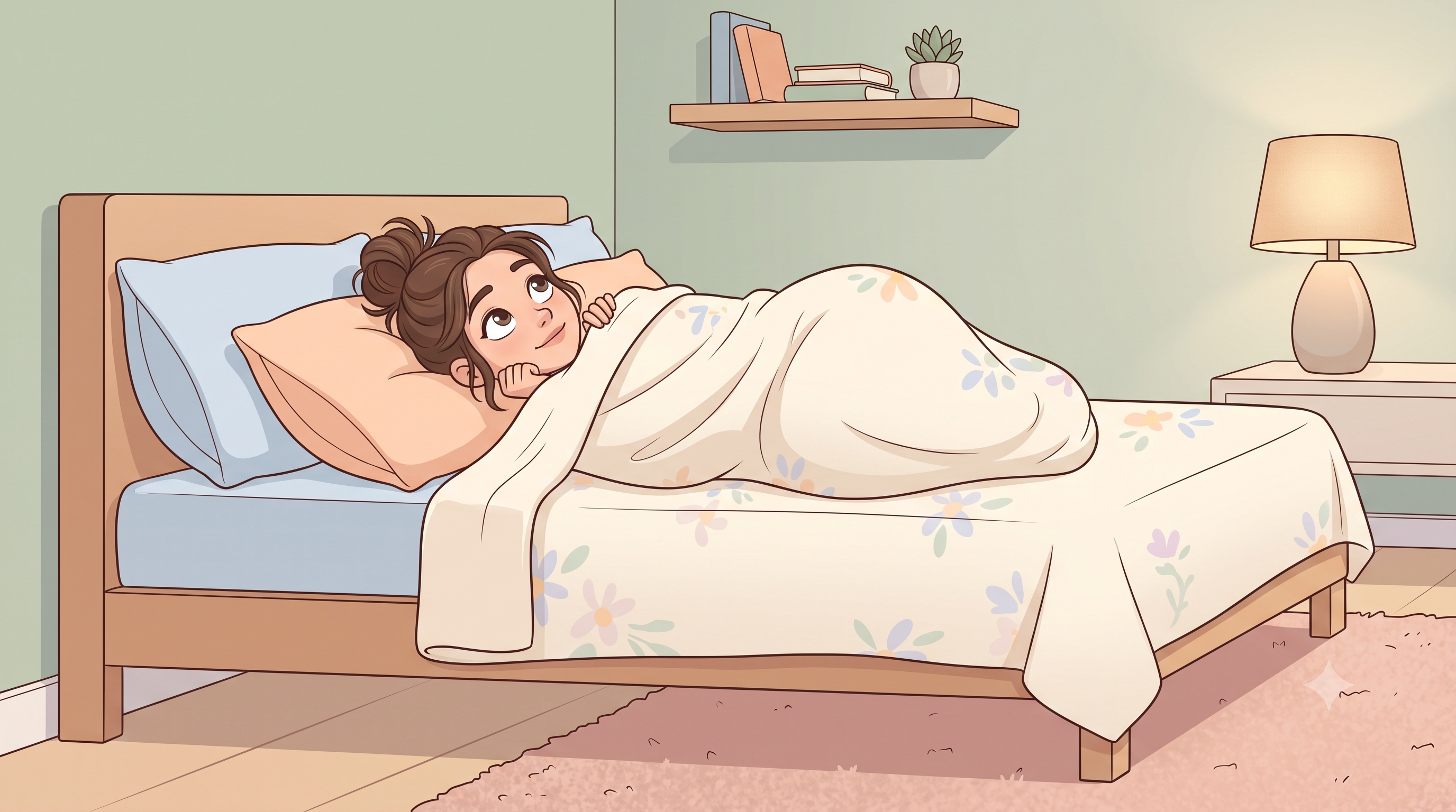 Cartoon illustration of a young female wrapped tightly like a burrito in a light-patterned bedsheet on her bed, looking thoughtfully up at the ceiling
