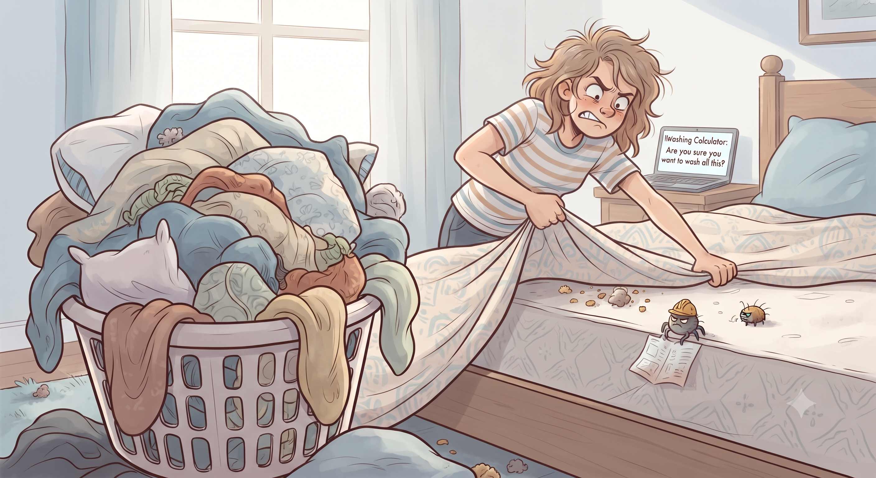 Clean bedsheets and laundry basket ready for washing